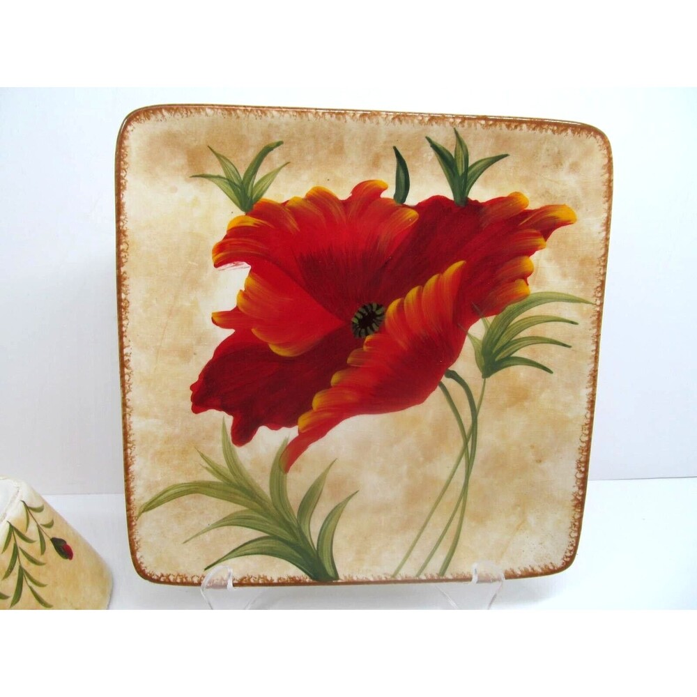 Pier 1 "Poppies" 8" Square Salad Plate And 6" Square Bowl EUC Very Nice No Issue